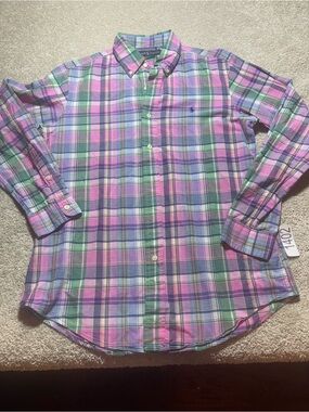 Ralph Lauren Polo Shirt Pink Multi-Color 100% Cotton Shirt Casual Size Medium